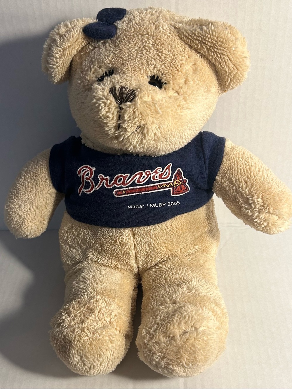 rave Tan Teddy Bear with Navy Braves Shirt and Bow